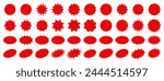 Starburst sale price stickers and labels, star and rosette, sunburst, callout and splash, stamp and tag badges. Isolated vector circle and oval red stickers, promo labels and tags with scalloped edges