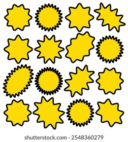 Starburst sale price stickers and labels. Badge star, sticker starburst shape, sale price tag, colorful label. 