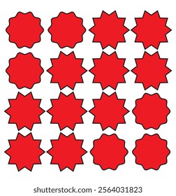 Starburst sale price stickers and labels, star and rosette, sunburst, callout and splash, stamp and tag badges. Isolated vector circle and oval red stickers, promo labels and tags with scalloped edges