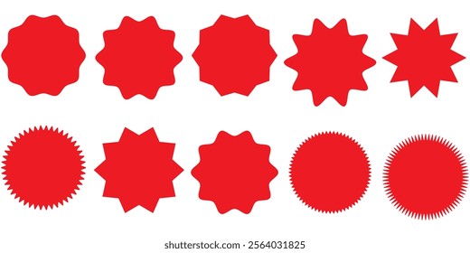 Starburst sale price stickers and labels, star and rosette, sunburst, callout and splash, stamp and tag badges. Isolated vector circle and oval red stickers, promo labels and tags with scalloped edges