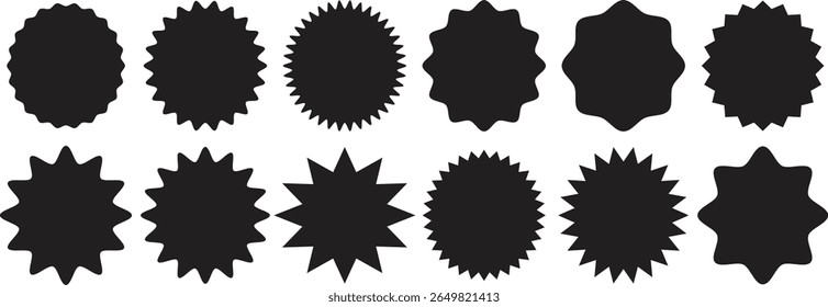  Starburst sale price stickers and labels, star and rosette, sunburst, callout and splash, stamp and tag badges. Isolated vector circle and oval red stickers, promo labels and tags with scalloped edge