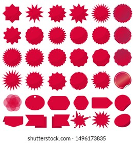 Starburst seals set, Bursting rays clip art. Red sparkles. Sale sticker. Vector