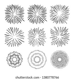 Starburst set drawn in doodle style with black ink - Vector EPS