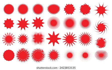 Starburst set red color, sun ray frames, sunburst badges, retro stars, sale or discount stickers.