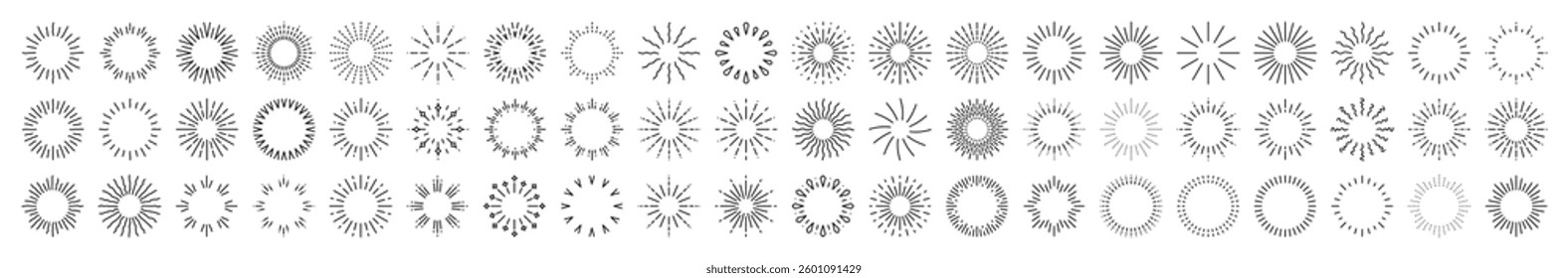 Starburst set. Sparkle sunburst rays. Star, firework explosion, sun beams, black lines, surprise, outline, confetti, decorative, retro style. Art design elements. Vintage sunburst. 