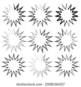 Starburst shape icon. Spiked vector star. Bold abstract element. Black and white pattern.