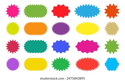 Starburst shaped stickers set, star icons, discount price tags, colorful sun, circle and oval label, round discount icon isolated on white background. Vector illustration.