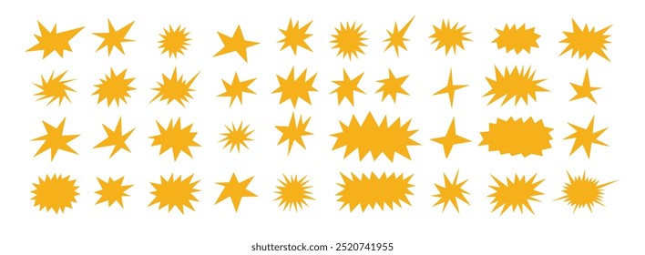 Starburst shapes set. Cute yellow collection of stars and sparkle doodle. Vector illustration
