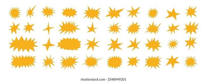 Starburst shapes set. Cute yellow collection of stars and sparkle doodle. Vector illustration