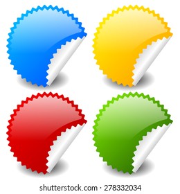 Starburst shapes as stickers in 4 colors, blue, yellow, red and green. Peeling stickers.
