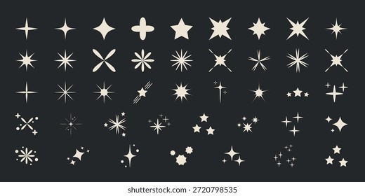 Conjunto de iconos de vectores de estelada y brillo Colección de Formas vintage de estelada, brillo y centelleo en beige sobre fondo oscuro, ideal para diseño y decoración retro