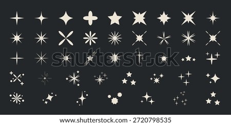 Starburst and sparkle vector icons set Collection of vintage starburst, sparkle, and twinkle shapes in beige on dark background, ideal for retro design and decoration