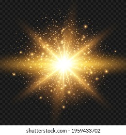 Starburst with sparkles and rays. Golden light flare effect with stars and glitter isolated on transparent background. Vector illustration of shiny glow star with dust and big ray, gold lens flare.