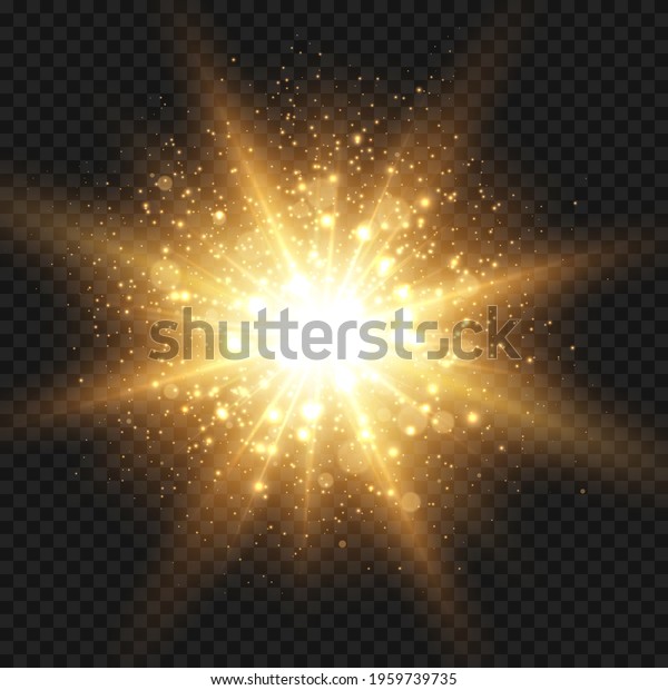 Starburst with sparkles and rays. Golden light\
flare effect with stars and glitter isolated on transparent\
background. Vector illustration of shiny glow star with dust and\
big ray, gold lens\
flare.