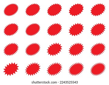 La burbuja de habla de estallido tiene forma oval. Etiqueta de promoción de Sunburst. Un conjunto de estrellas con un número diferente de rayos. Ilustración vectorial.