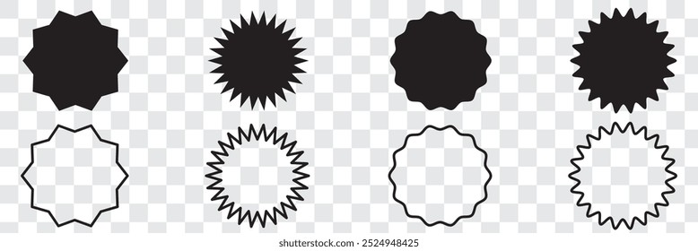Starburst speech bubbles. Vector set of starburst, sunburst icons. Black Sunburst Promo Tags. Flat vintage stickers, labels on white background