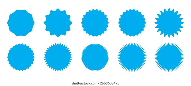 Bolhas de fala do Starburst. Conjunto vetorial de ícones starburst, sunburst. Marcas promocionais do Sunburst preto. Adesivos vintage planos, rótulos em fundo branco