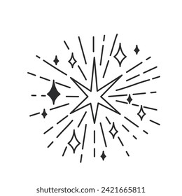 Starburst with stars and sparks explosion line icon. Thin black outline silhouette of carnival firework, stars with radial light rays and fire monochrome icon, sparkle element vector illustration