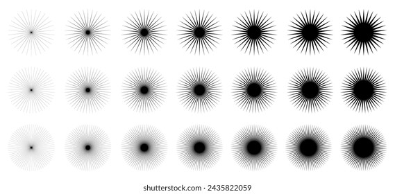 Starburst stars and sparks set, collection retro sunburst element, beams rays, radiating strips, radial streaks lines