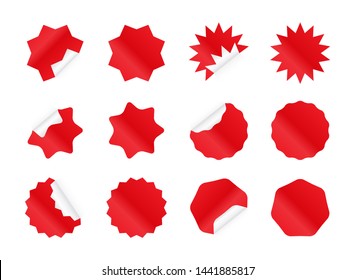 Starburst sticker set. Blank red sunburst badges. Discount offer price labels in different styles.