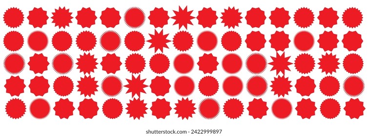 Juego de stickers Starburst - colección de ofertas especiales venta etiquetas y distintivos ovalados y redondeados con forma de rotura de sol. Pegatinas promocionales con bordes estelares. Vector.