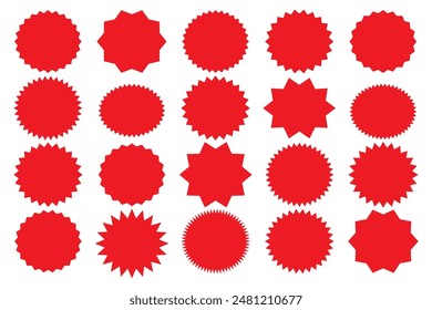 Starburst sticker set - collection of special offer sale round and oval sunburst labels and buttons isolated on white background. Red star stickers and badges for promo advertising campaign.