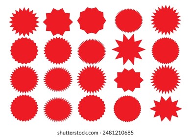 Starburst sticker set - collection of special offer sale round and oval sunburst labels and buttons isolated on white background. Red star stickers and badges for promo advertising campaign.