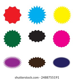 Starburst sticker set with different color. Collection of special offer sale oval and round shaped starburst labels and badges. Stickers with star edges.