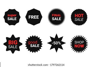 Starburst sticker set for promo sale. Vector badge shape with signs - star and roundburst label, price offer promotion. Simple collection of black stickers for promotion isolated on white background