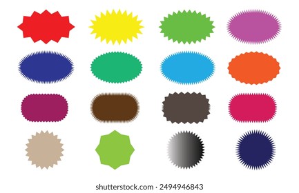 starburst sticker shape, Badge star, sale price tag, colorful sun, circle and oval label, round discount icon isolated on white background. Color vintage banner set. Vector illustration.