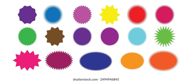 Starburst-Aufkleber-Form, Abzeichen-Stern, Verkaufspreis-Tag, bunte Sonne, Kreis und ovales Etikett, runde Rabatt-Ikone auf weißem Hintergrund. Farbe Vintage Banner Set. Vektorillustration.