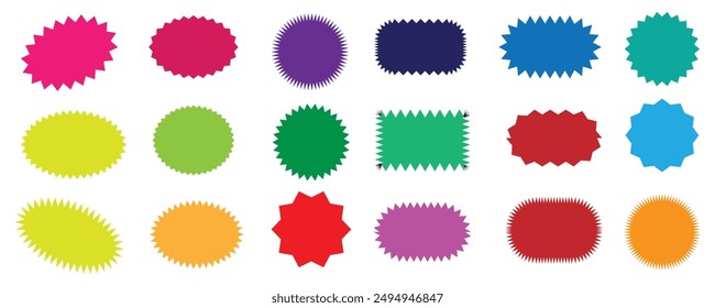 starburst sticker shape, Badge star, sale price tag, colorful sun, circle and oval label, round discount icon isolated on white background. Color vintage banner set. Vector illustration.