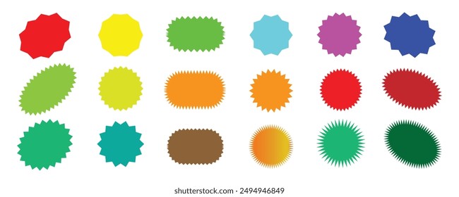 starburst sticker shape, Badge star, sale price tag, colorful sun, circle and oval label, round discount icon isolated on white background. Color vintage banner set. Vector illustration.