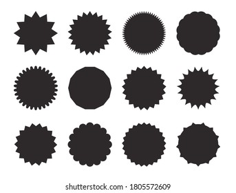 Starburst stickers. Black on white color. Simple flat style Vintage labels, stickers. A collection of different types icon.