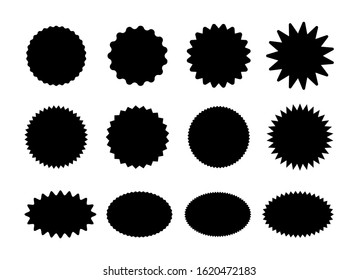 Starburst stickers. Black sunburst badges, isolated star price labels vector set