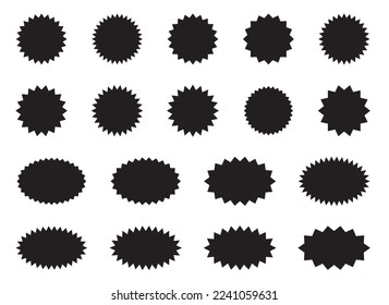 Starburst stickers. Black sunburst badges, isolated star price labels set. Collection of special offer sales sunburst labels and badges. Stickers with star edges for promo advertising campaign.