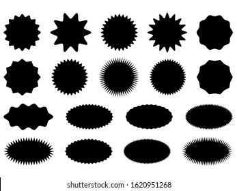 Starburst stickers set. Black sunburst badges, isolated on white star price labels. Round and sharp corners. Vector  illustration.  