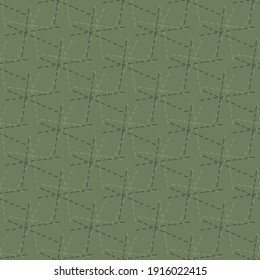 Starburst stitch seamless vector pattern background. Modern needlework abstract sashiko interpreted sage green backdrop. Embroidery themed modern geometric design with star shapes. All over print