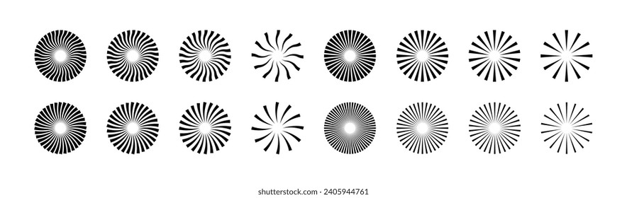 Starburst stripe round set. Ray lines emanate from the center of the circle. Pack of geometric elements. Isolated vector illustration on white background.