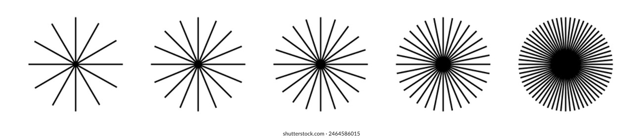 Juego de rayas Starburst. Las líneas de rayos emanan del centro del círculo. Pack de Elementos geométricos. Ilustración vectorial aislada sobre fondo blanco.