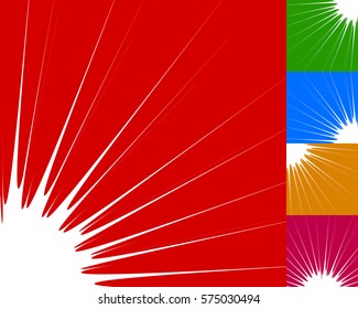 Starburst, sunburst background element in 5 color. Flash, blast shape with random, irregular lines. Vector illustration
