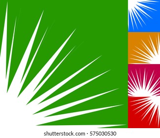 Starburst, sunburst background element in 5 color. Flash, blast shape with random, irregular lines. Vector illustration