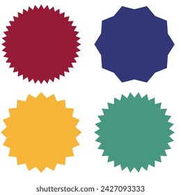 starburst, sunburst badges. Nine different color. Simple flat style Vintage labels. Design elements. red Colored stickers