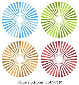 Starburst, sunburst circular pattern in 4 color. Colorful rays, beams design element. Concentric lines, stripes.