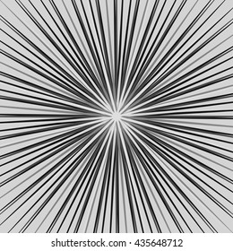 Starburst, sunburst element. Radial, radiating lines intersect at center. Abstract monochrome illustration