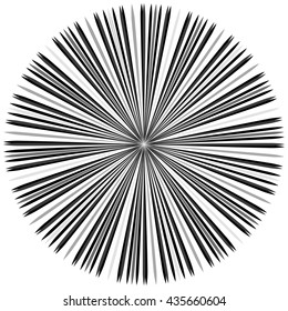 Starburst, sunburst element. Radial, radiating lines intersect at center. Abstract monochrome illustration