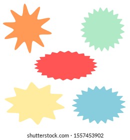 starburst and sunburst icon set with different color flat style for label, banner and sticker decoration design isolated on white background. vector illustration
