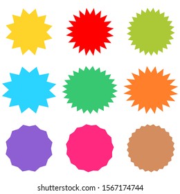 starburst and sunburst icon set with different color flat style for label, banner and sticker decoration design isolated on white background. vector illustration