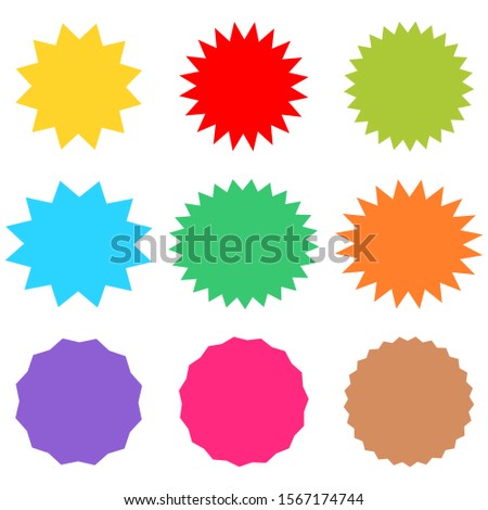 starburst and sunburst icon set with different color flat style for label, banner and sticker decoration design isolated on white background. vector illustration