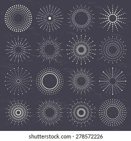 Starburst, Sunburst, Sunrays, Fireworks Collection Set On Dark Background. Vector.